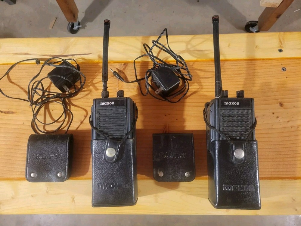 (2) Maxon CP-1015 VHF Transceiver Radios W/ Leather Holsters/Holders/Chargers