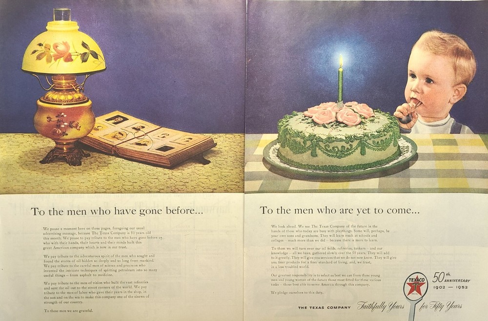 Texaco 50th Anniversary 1902-1952 Vintage Men’s Future Boy Cake Print Ad 1952