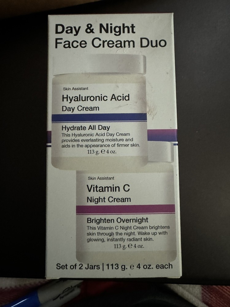 Skin Assistant Day & Night Face Cream Duo Hyaluronic Acid Vitamin C 4oz each