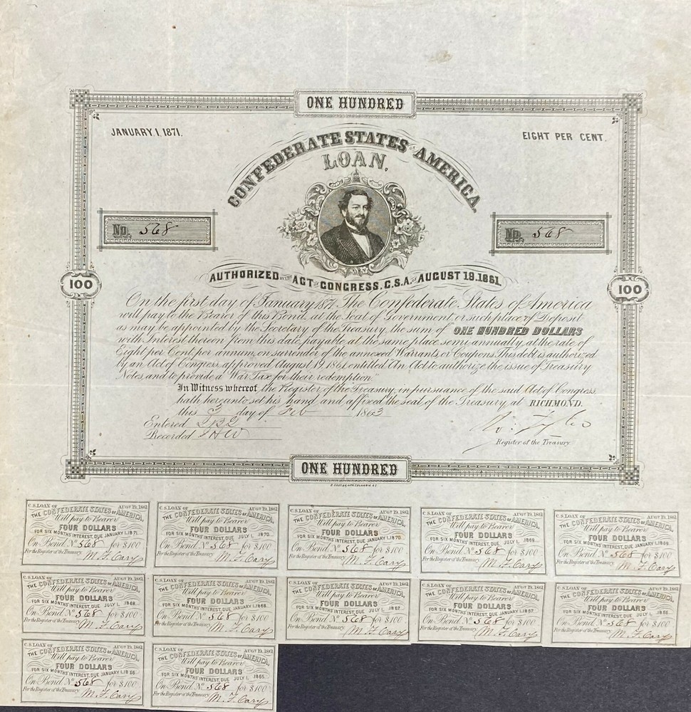 $100 Confederate States Coupon Bond - Criswell 31, Ball 63 - Rare Civil War Era Collectible-image