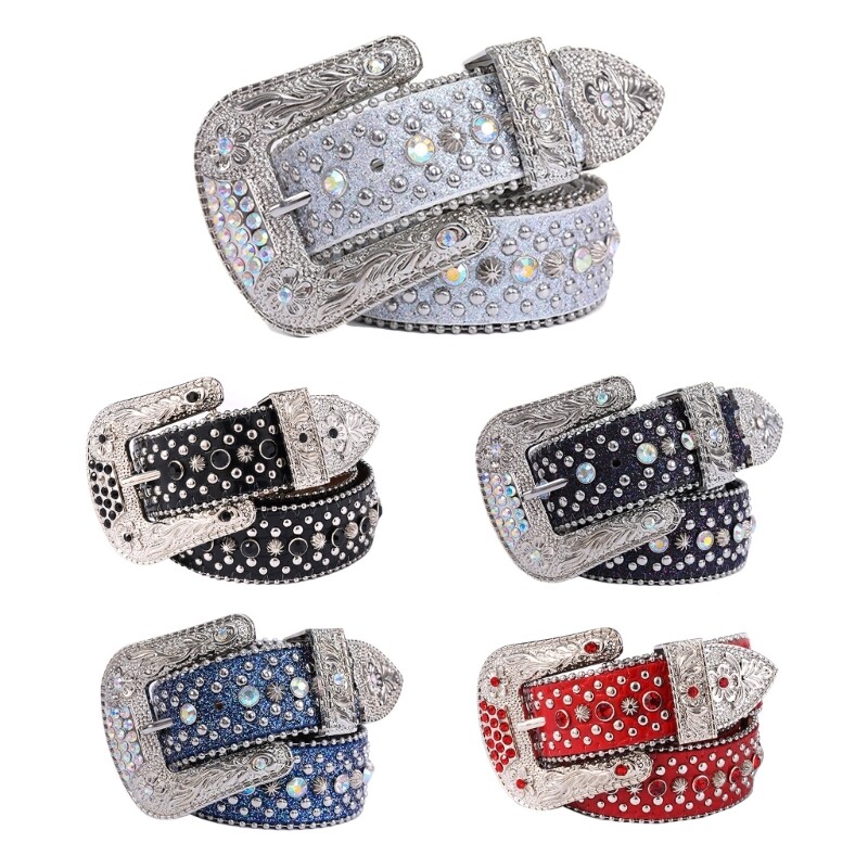 Bling Rhinestone Belt for Men & Women Western Crystal Studded Leather