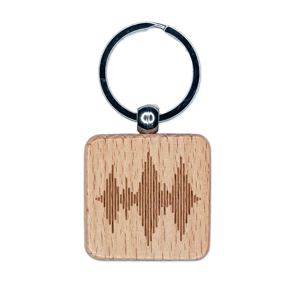 Sound Waves Music Engraved Wood Square Keychain Tag Charm