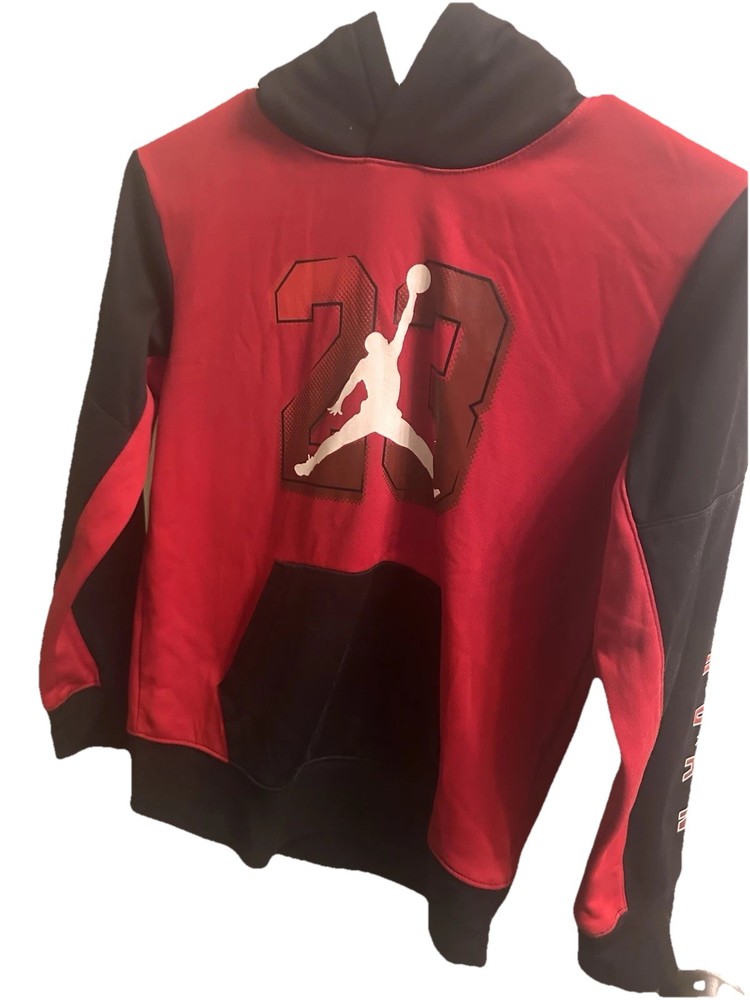 Air Jordan boys Medium red and black hoodie wide pit to pit 17  l. 22  great $