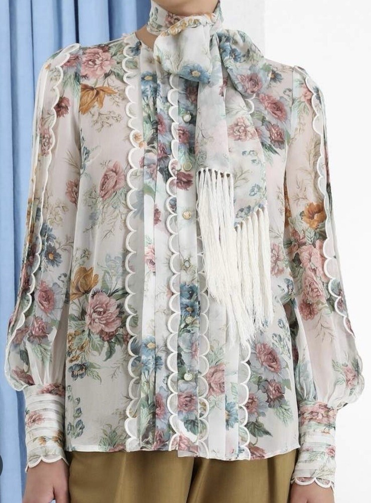 Zimmermann Wavelength Floral Print Silk Blouse Scallop Necktie Scarf Top Fringe