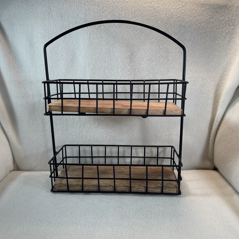 Black Iron & Mango Wood 2-Tier Spice Rack Storage Shelf Free Standing