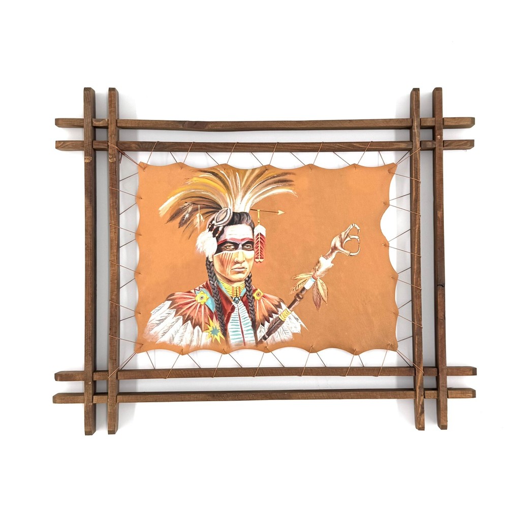 Native American Portrait Framed Leather Oil Painting Wall Art Decor
