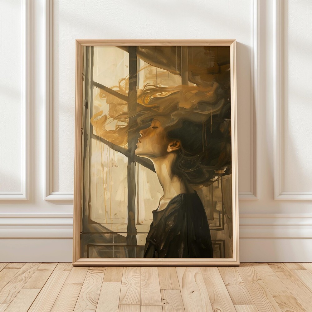 Dreamy Woman Portrait  Ethereal Art  Sunlit Hair Painting  Atmospheric Female