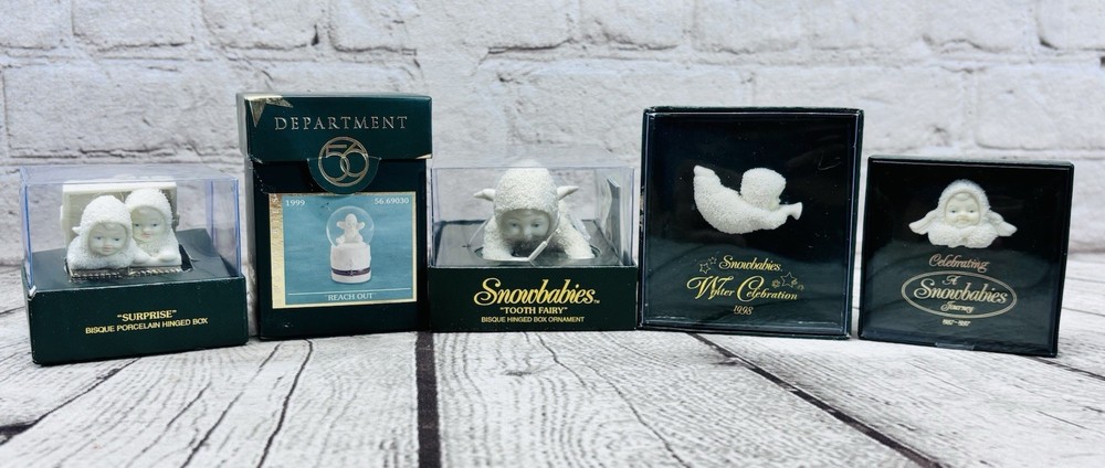 Lot Of 5 Department 56 Snowbabies Hinged Boxes Pins Snow Globe 1997 1998 1999