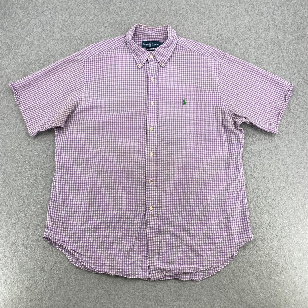 Polo Ralph Lauren Shirt Mens XL Purple Check Seersucker Short Sleeve Classic Fit