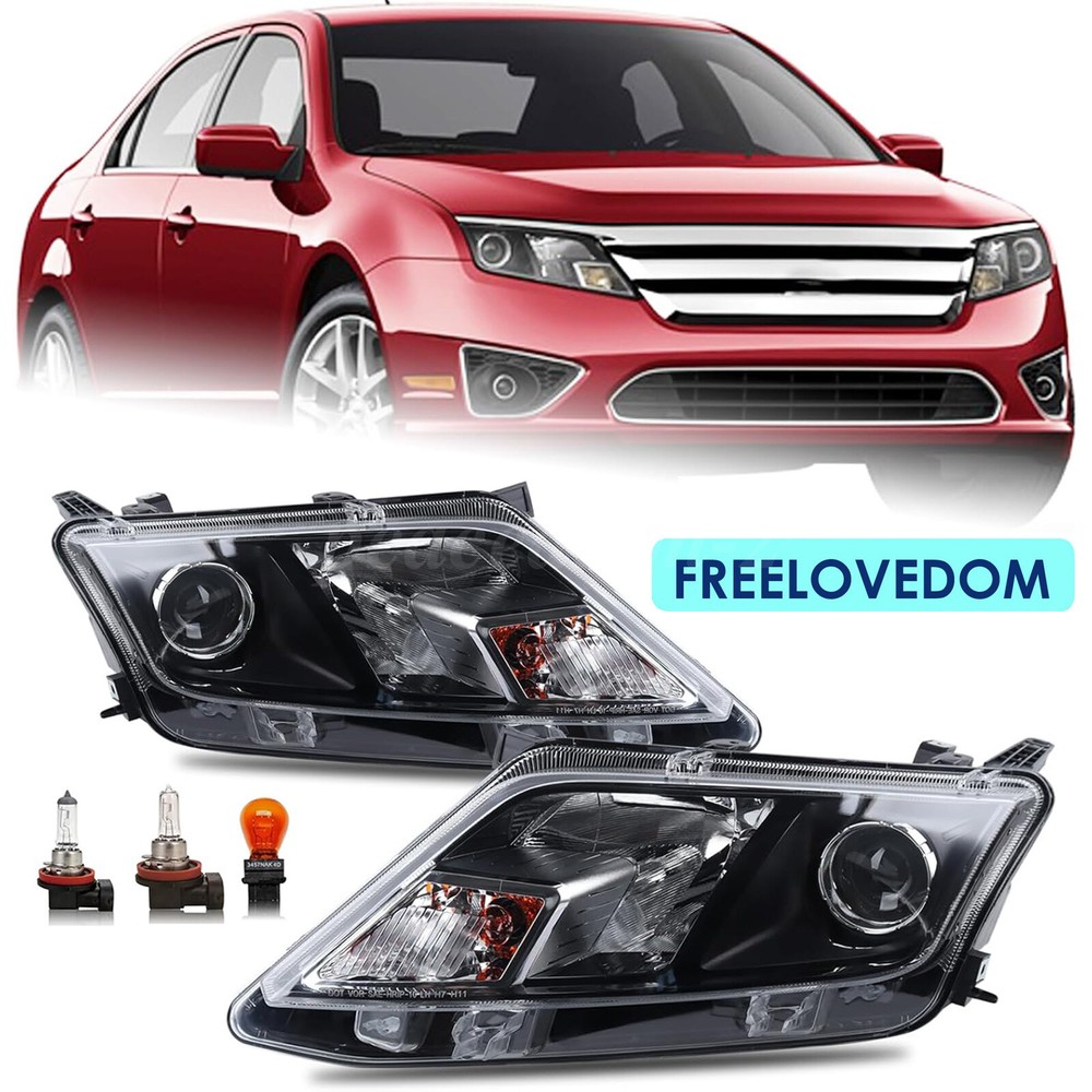 For 2010-2012 Ford Fusion Left +Right Side Headlight with BULBS (Black Housing)