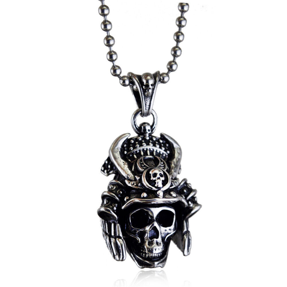 Mens Japanese Amulet Samurai Skull Pendant Necklace Stainless Steel Mens Jewelry