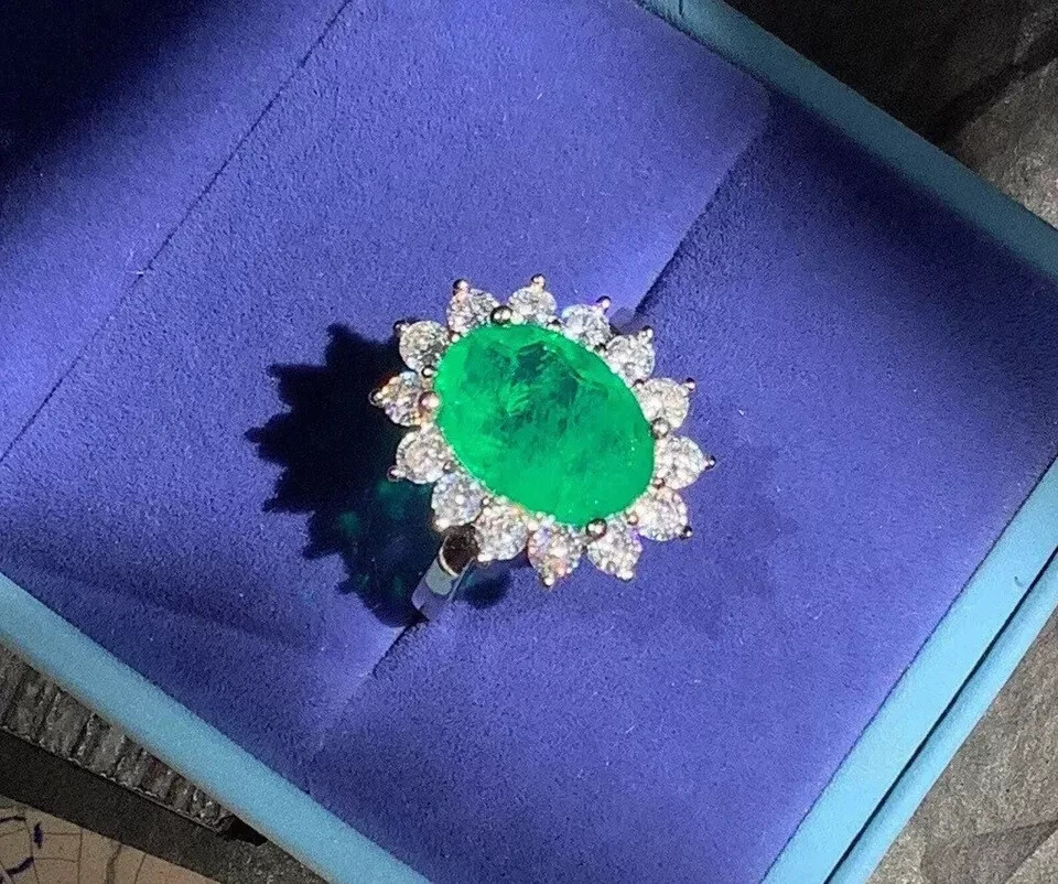 5.00 Ct Oval Cut Natural Emerald Diamond Engagement Ring 14K White Gold Solid