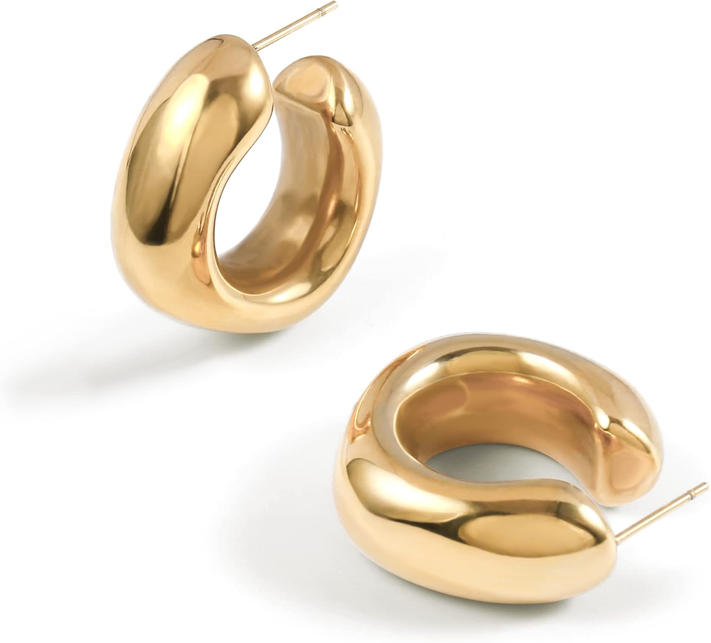 Thick Gold Chunky Hoops Earrings for Women 18K Real Gold Plated Open Hoop Lightw