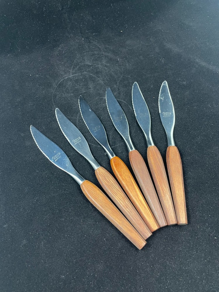 Vintage MCM Teak Handle Stainless Steel Steak Knives Set of 6