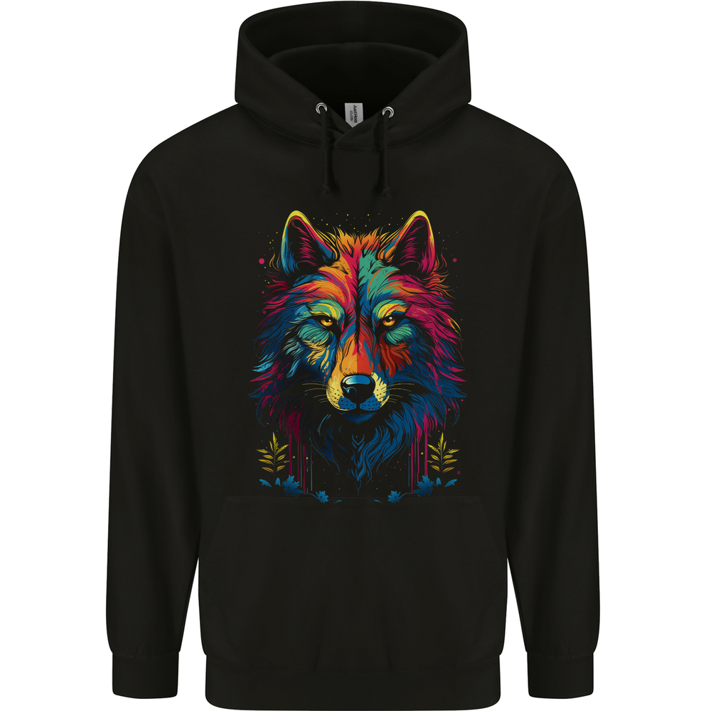Colourful Fantasy Wolf Face Mens 80% Cotton Hoodie
