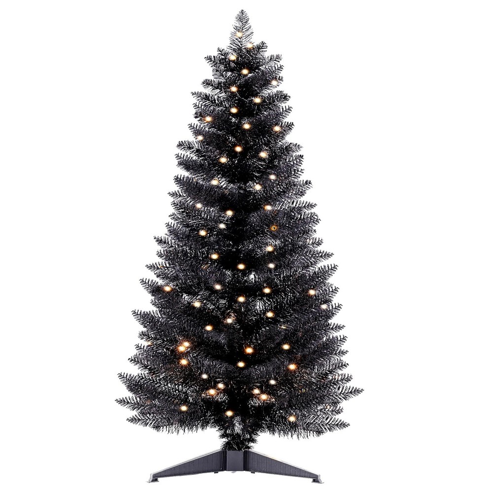 4ft Lighted Halloween Black Christmas Tree, Artificial, Small, Snowy, Holiday