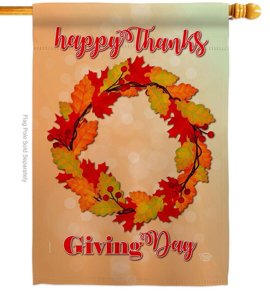 Thanksgiving Fall Turkey Pumpkin Wreath House Flag with Give Thanks Gobble Design