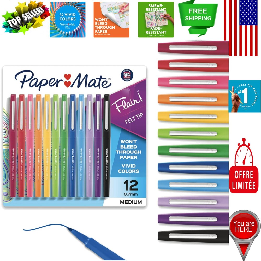 12-Pack Flair Felt Pens - Smear-Resistant, Medium Point, Perfect for Writing