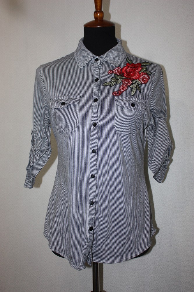 Eden & Olivia S Black Pinstripe Button Front Shirt Roll Tab Sleeve Floral Accent