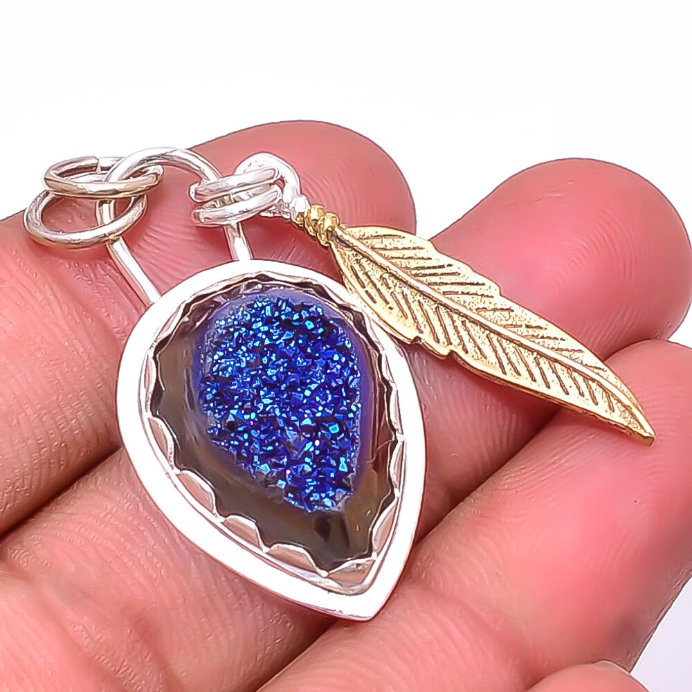 Electric Blue Titanium Agate Drusy 925 Sterling Silver Two Tone Pendant 1.95