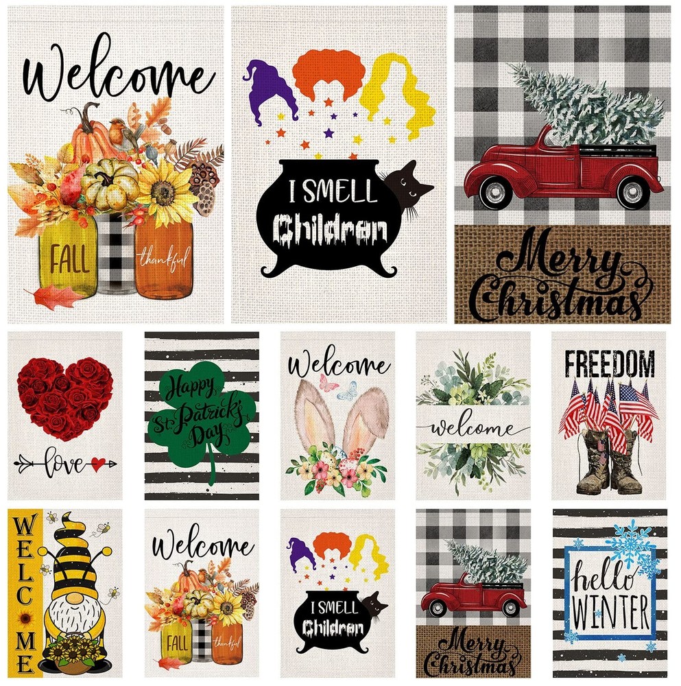 Seasonal Garden Flags Set of 10 Double Sided Burlap 12x18 Inch Welcome Easter...-image