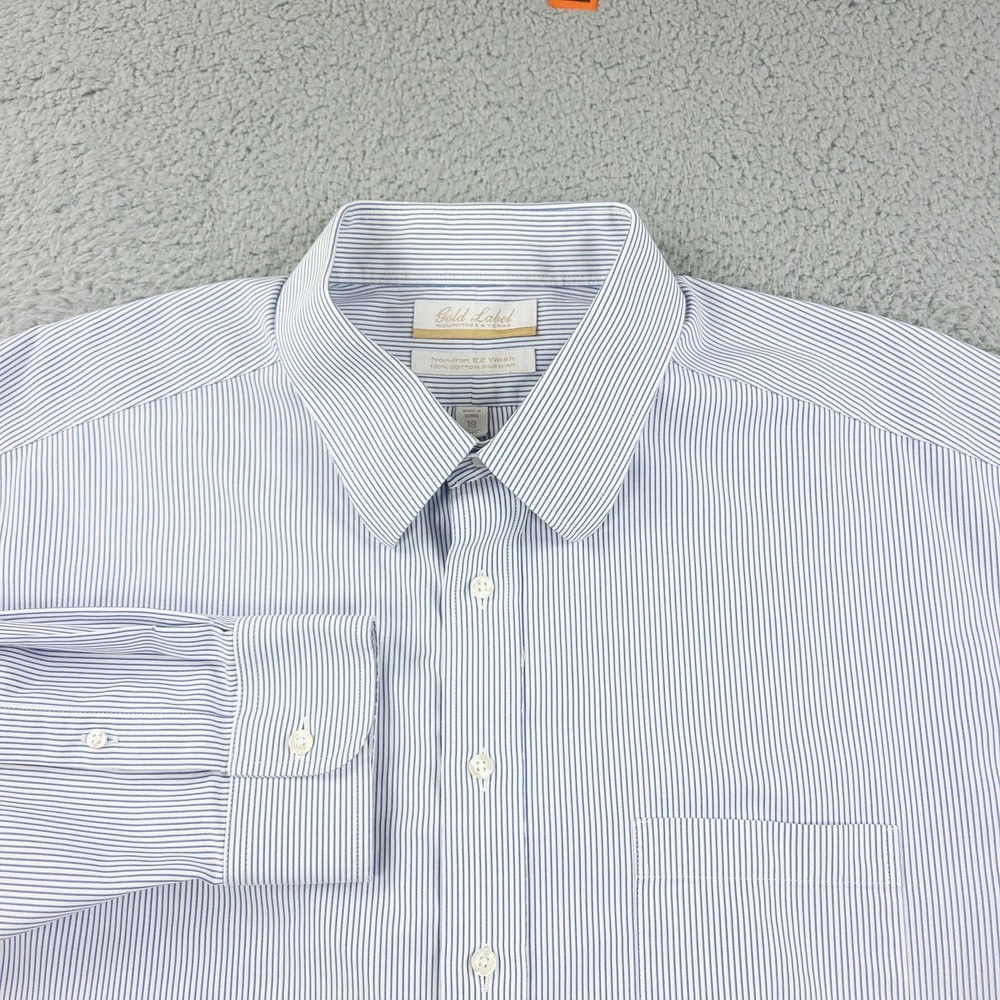 Roundtree & Yorke Gold Label Dress Shirt Mens 18 36 Blue Stripe Non Iron Cotton