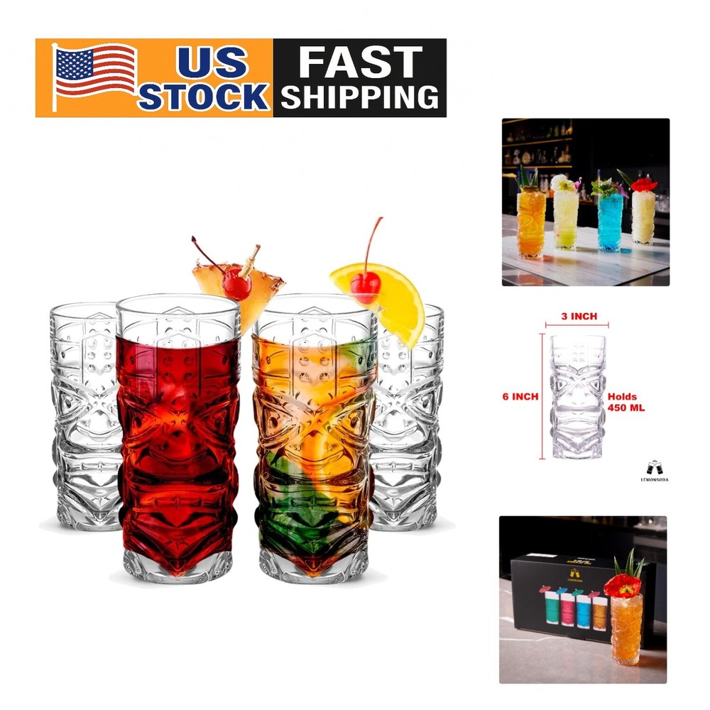 Heavy-duty clear tiki glasses set of 4 ideal for mai tais and rum cocktails