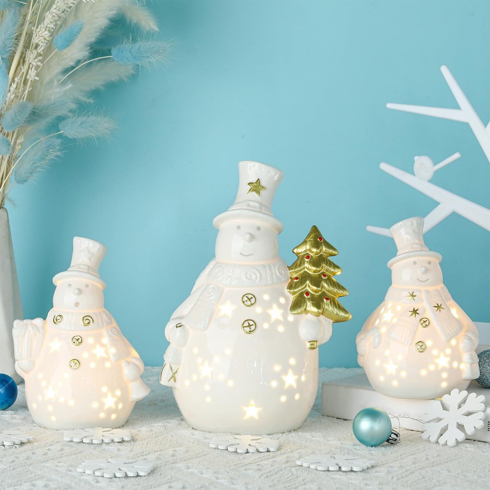 3 Pcs Lighted Ceramic Christmas Tree Snowman Gift Decor Porcelain White Ceram...