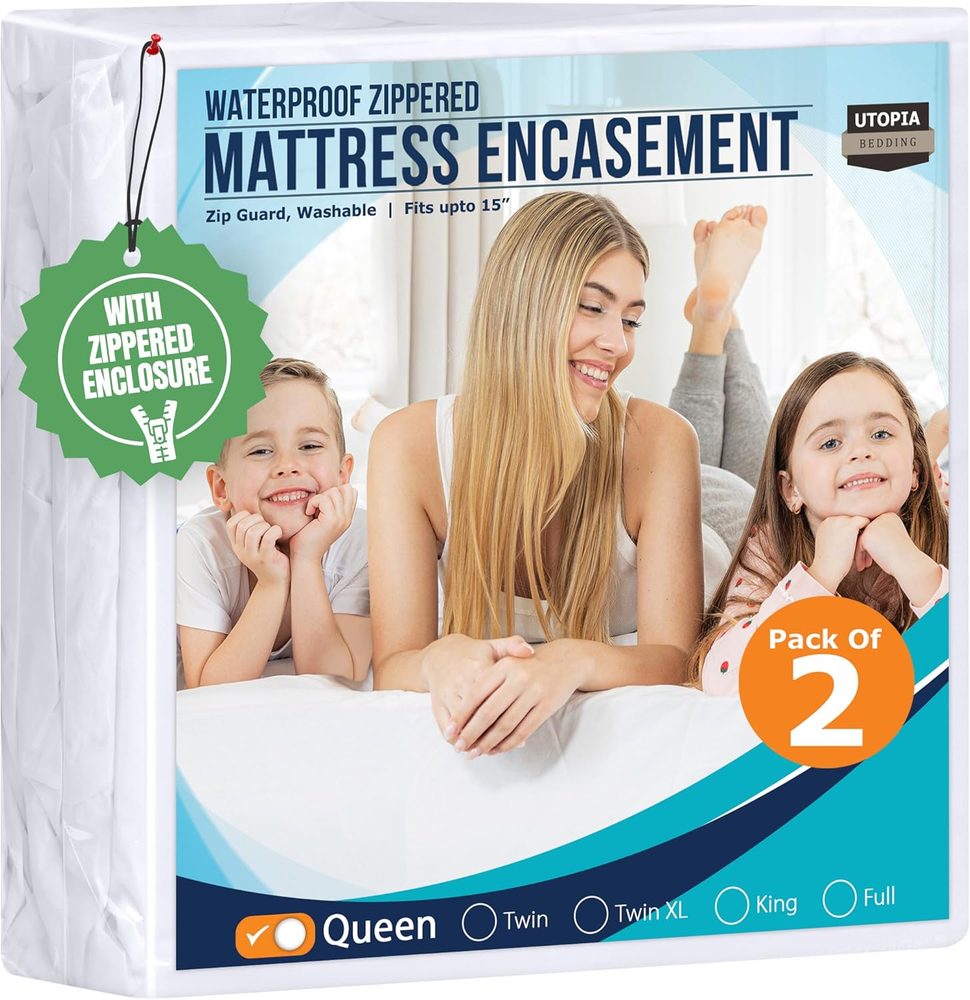 Waterproof Mattress Protector Queen Size (Pack of 2), Zippered Mattress Encaseme