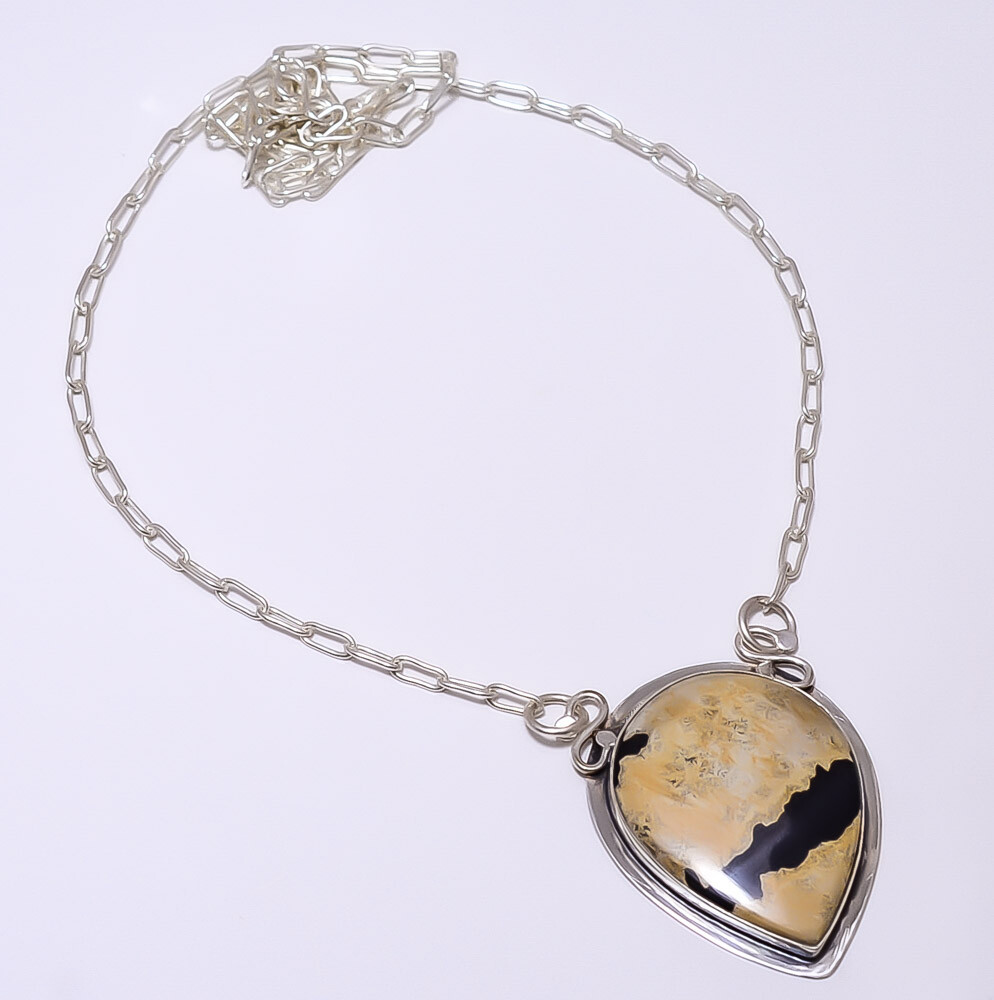 Honey Dendritic Opal - Mexico 925 Silver Bali Necklace Adjustable 16-24