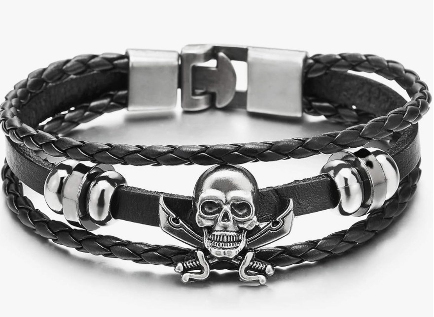 COOLSTEELANDBEYOND Sword Pirate Skull Braided Leather Bracelet