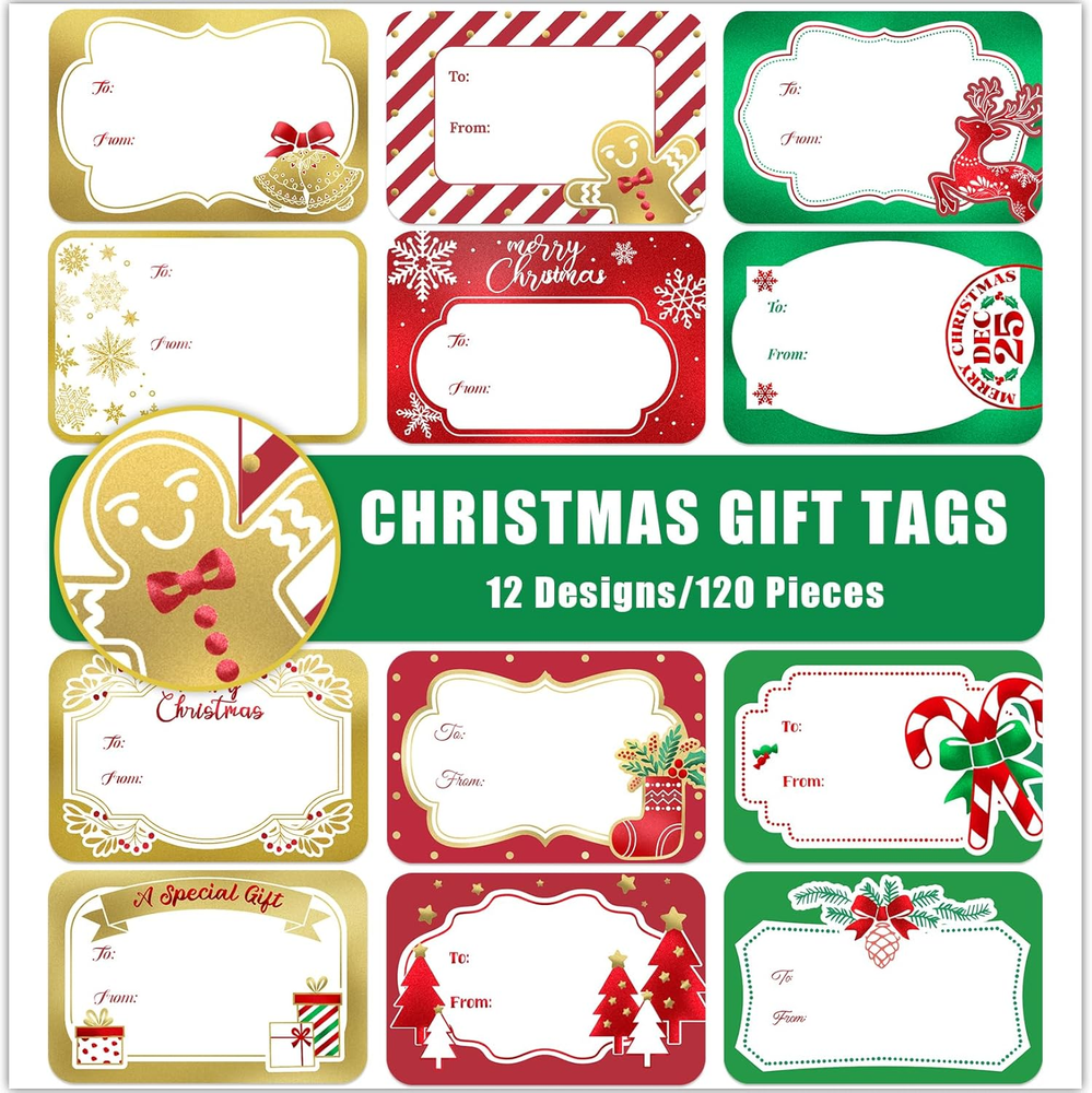120Pcs Foil Christmas Gift Tags Stickers for Presents 12 Jumbo Designs  Self Adh