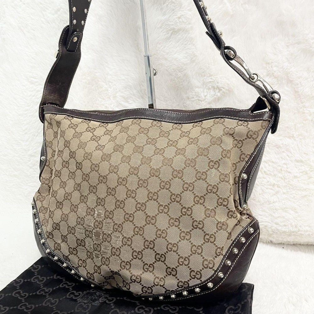 Gucci GG Canvas Sherry Line Shoulder Bag with Studs Hardware Large Capacity