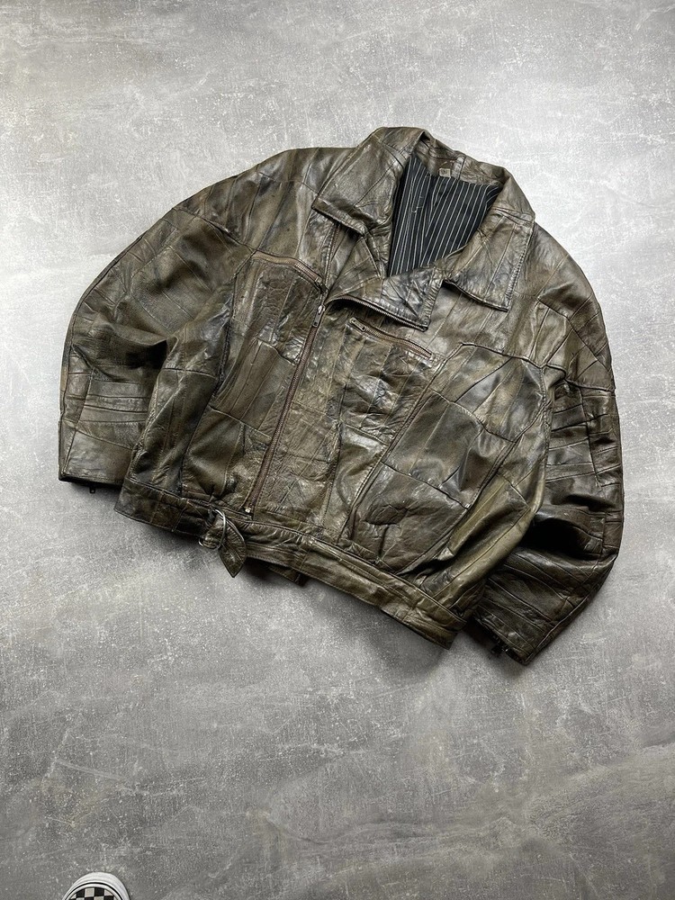 Vintage Patchwork Avant Garde Genuine Leather Jacket Olive Brown Size L