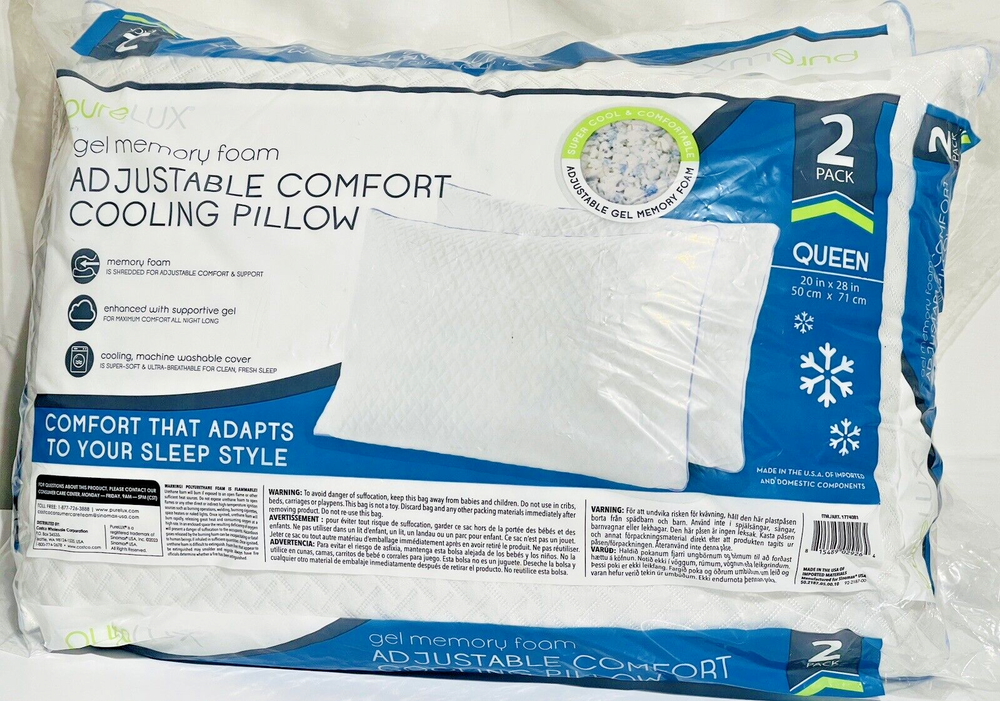 PureLUX Gel Memory Foam Adjustable Comfort Pillow Queen 2 Pack