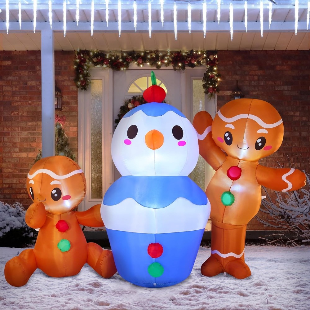 6 FT Tall Christmas Inflatable Gingerbreadman Building Ice Cream Snowman