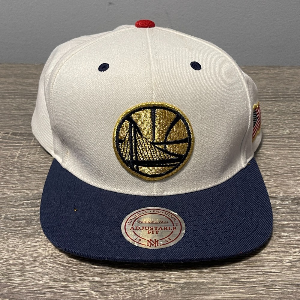 Mitchell & Ness Golden State Warriors Snapback Hat White Navy Gold Undervisor