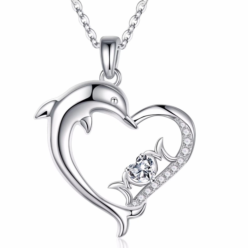 Mom Birthstone Necklaces Gifts for Mom, 925 Sterling Silver Dolphin Heart Pen...