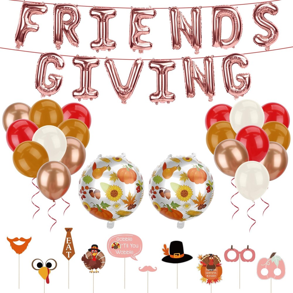 Friendsgiving Party Decor Kit with Pink Balloons and Thanksgiving Decorations  