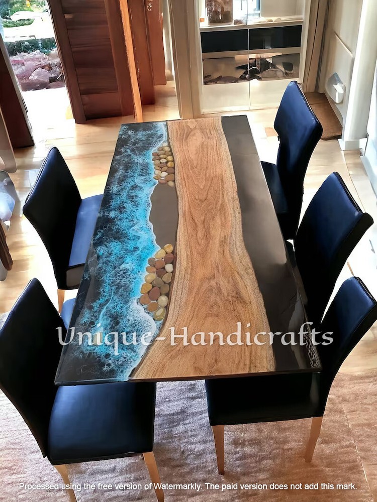 Custom Epoxy Table Walnut Wood Deep Ocean Sea and Waves Dining Table Decors