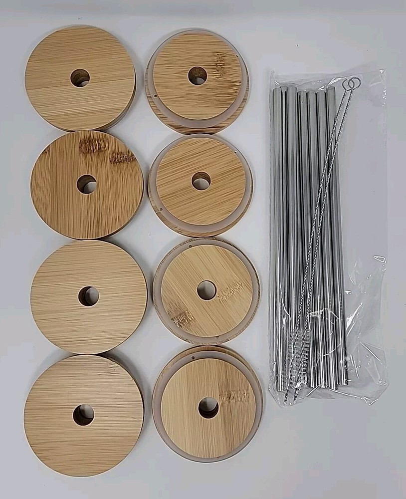 Mason Jar Wide Mouth 86mm Bamboo Lids With Metal Straws & Brushes Set of 8