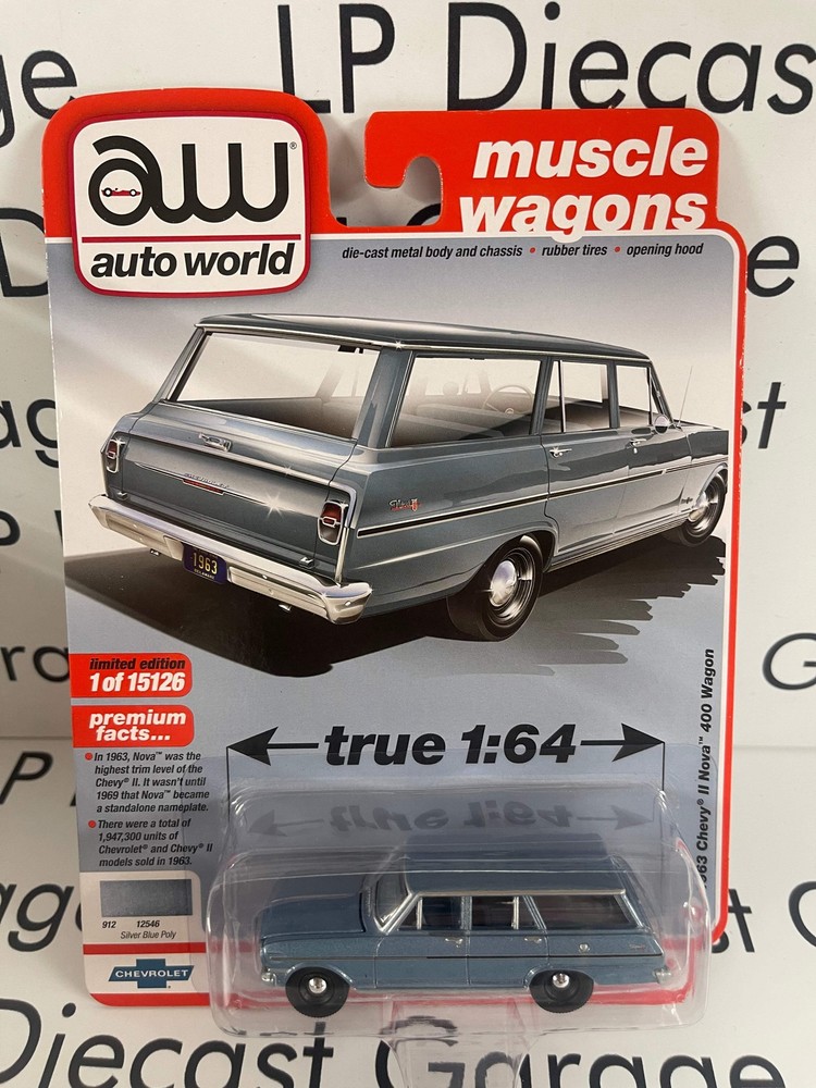 AUTO WORLD 1963 Chevrolet II Nova 400 Wagon Blue 1:64 Diecast Muscle Wagons