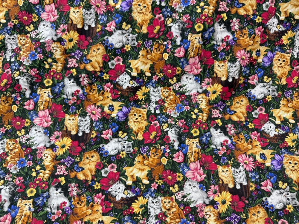 Cat Kitten Floral Garden Cotton Fabric 45in Wide for Sewing Craft Patchwork BTY
