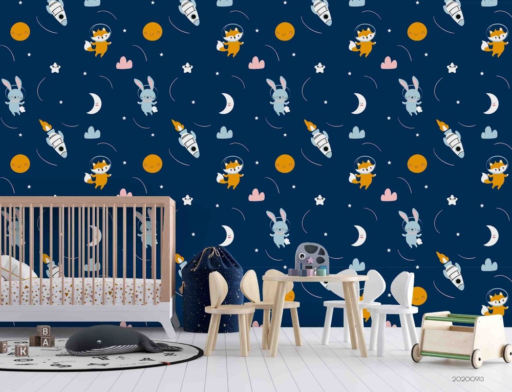 3D Space Rabbit Rocket Cartoon Pattern Wall Murals Wallpaper Murals Wall Sticker