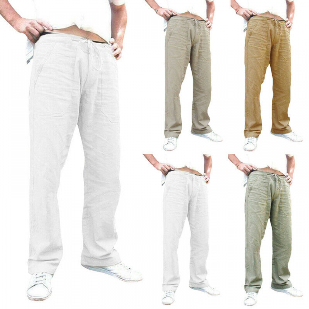 Relaxed Linen Cotton Casual Drawstring Pants for Men with Pockets
