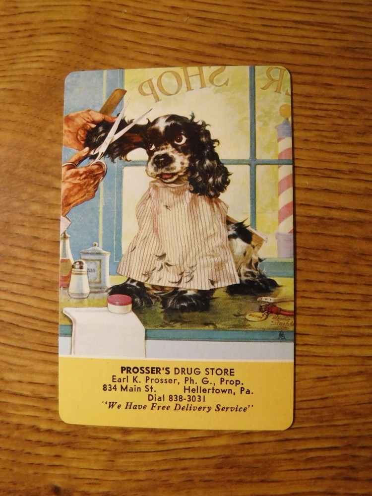 MID 1900'S VINTAGE PLAYING CARD SWAP COUPON BUTCH DOG GETTING HAIR CUT-image