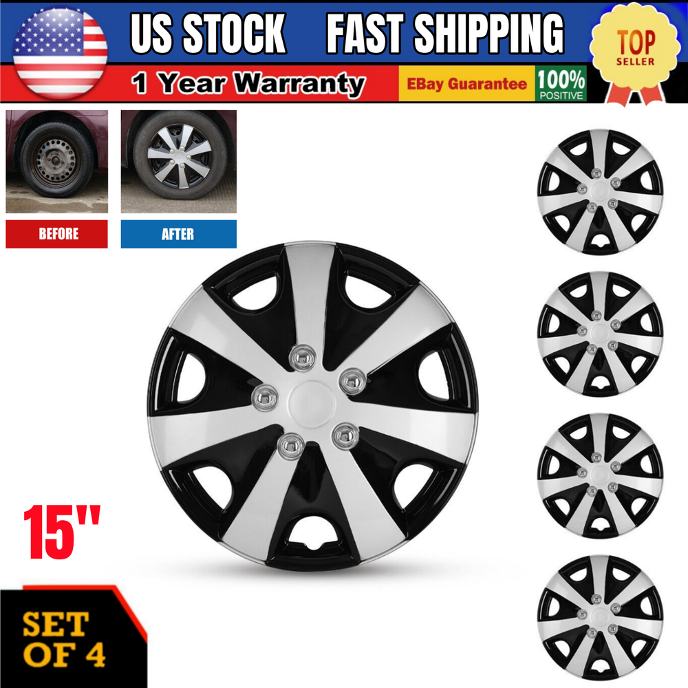 4PCS 15'' Hub Caps For Toyota Chevy Nissan Wheel Covers Sliver & Black Lacquer