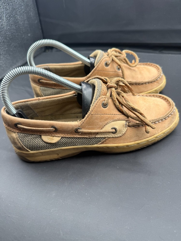 Sperry Songfish Boat Shoes Womens 5M Oat/Brown Leather Linen YG19186 Lace Up