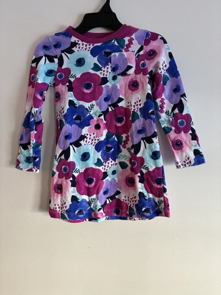 Gymboree Kids Girls Colorful Floral Cotton Roll-Tab Sleeve Pocket Dress White 6