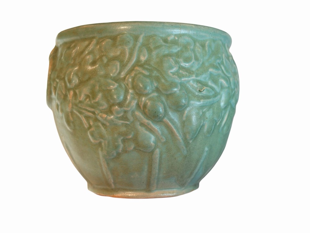 Vintage McCoy Art Pottery Planter Matte Green Leaves & Berries Nelson Brush 4.25